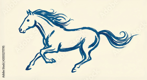 Foto Galloping horse vector illustration, blue ink sketch of a running stallion, hand