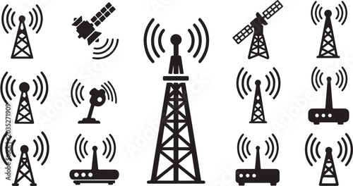 Cell tower, communication tower, wireless icons, network symbols, black set isolated PNG with Transparent Background
