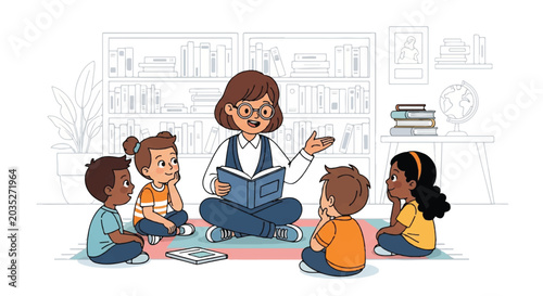 Playful teacher leads story time as children sit in a cozy classroom circle listening attentively to a book.