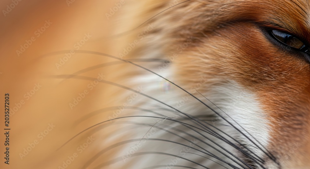 Fototapeta premium Extreme Close-up of a Red Fox Face Showing Detailed Whiskers and Eye in Soft Natural Light