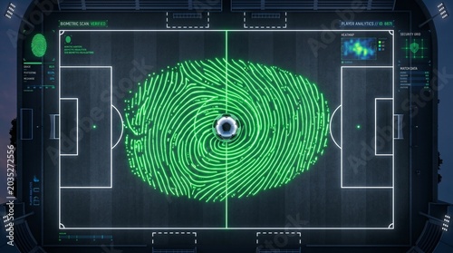 Biometric fingerprint scan overlay on a green football pitch for digital ticketing and stadium security concept