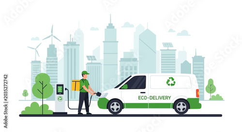 Eco delivery van charging at city charging station with green city skyline