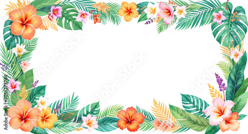 Tropical floral border with hibiscus and palm leaves for summer design