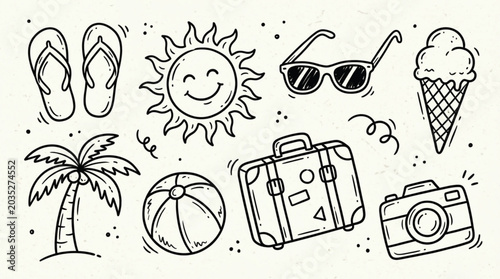 Schilderij op canvas Summer vacation doodles with sun sunglasses beach ball and ice cream
