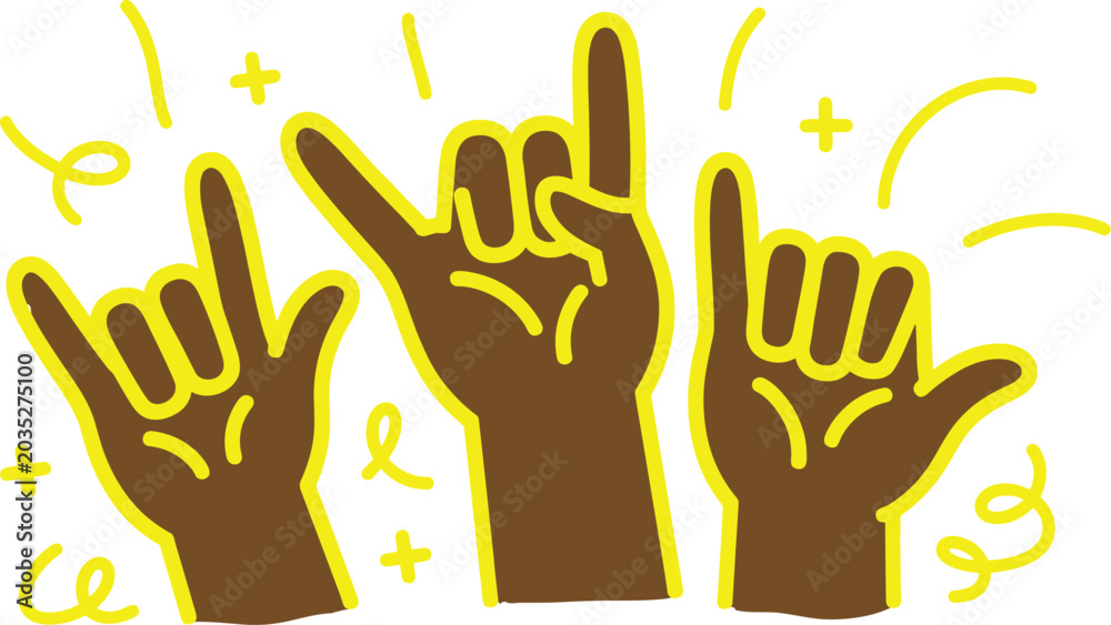 Fototapeta premium Three diverse hands gesturing different celebratory and positive symbols against a white background