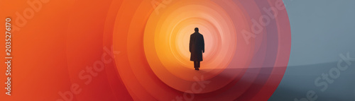Abstract silhouette tunnel layered circle background orange gradient ring lonely man walking surreal minimal art inner journey concept modern background design mysterious corridor emotional