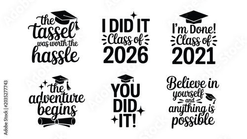 Billede på lærred Collection of graduationthemed quotes and graphics featuring academic caps and d