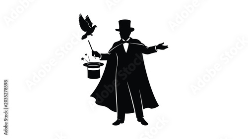 Photos Magician with dove and hat black silhouette