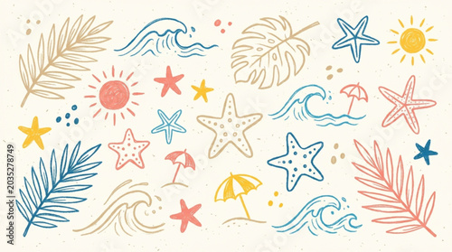 Summer beach vacation elements hand drawn style.
