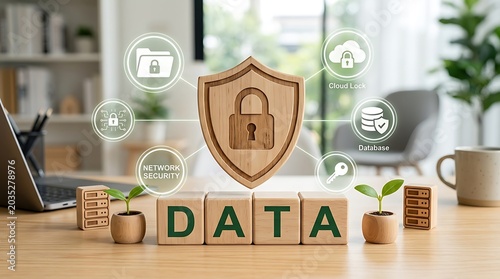 Digital data security concept with a wooden shield and padlock surrounded by icons representing network security, cloud lock, database, and files.