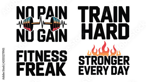 Foto Motivational fitness slogans with barbell and heart rate graphic and fiery flame