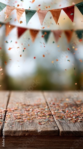Colorful bunting hangs above a wooden table covered in confetti, ready for a milestone celebration or achievement recognition