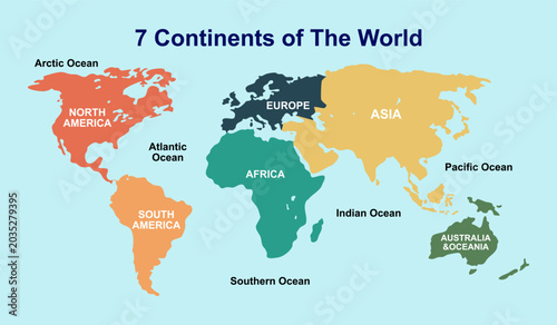 Foto Seven continents map with national borders