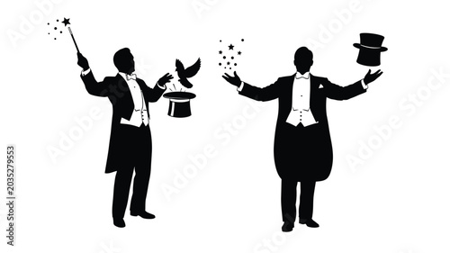 Fotografía Magician Performing Magic Tricks With Hat And Dove Black Silhouette