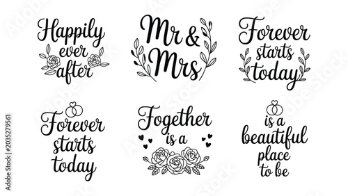 Schilderij op canvas Set of six elegant black handlettered wedding phrases and quotes with decorative
