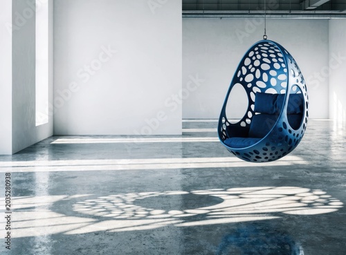 Modern Blue Hanging Egg Chair in Minimalist Industrial Loft with Design Space, Flexible Layout Copy Space for Commercial Furniture Catalog and Website Banner