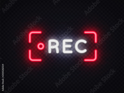 Neon REC icon with glowing frame on transparent background. Bright livestream symbol for video recording, streaming interface, broadcast overlay and digital media design.