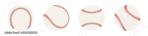 Baseball balSet of baseball balls in different views and angles. Flat vector illustration with red stitches isolated on light background.ls set in different views isolated on light background