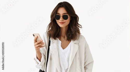 A woman stands holding a smartphone, smiling confidently while wearing stylish sunglasses