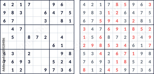 Sudoku puzzle grids with partially filled solutions displayed  