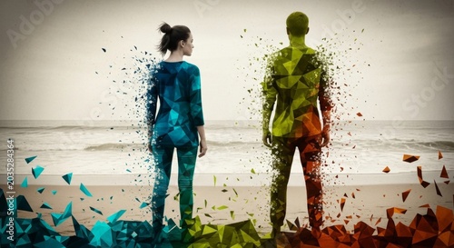 Woman and man dissolving into geometric shapes on a beach. Concept of separation, broken relationship, or digital transformation.