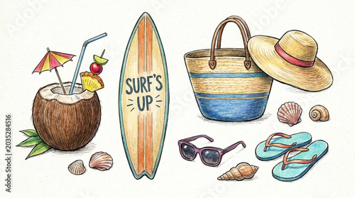 Photos Summer vacation beach accessories closeup.