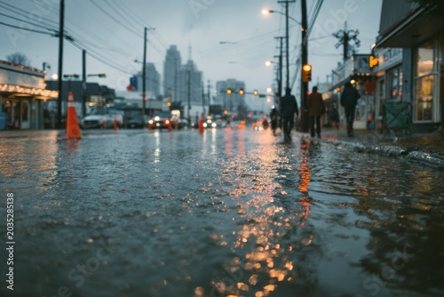 Flooded urban street after heavy storm with reflections and stranded vehicles
