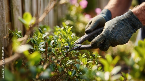 Gardener trimming shrub branches with pruning shears in a sunlit garden