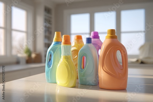 Generic household cleaning bottles arranged on a clean table for product photography