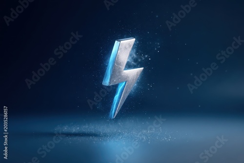 Glossy 3D thunderbolt emblem: metallic blue bolt suspended against a dark gradient