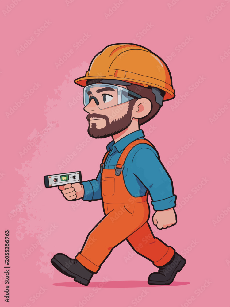 Fototapeta premium Cartoon Construction Worker Walking with Spirit Level Tool