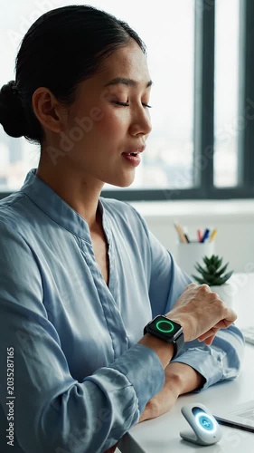 Asian woman in blue blouse interacts with smartwatch on wrist, observing display changes while seated at a desk with office supplies and a plant in the background