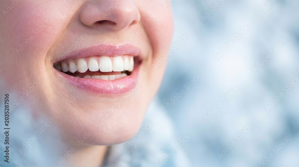 Obraz premium Healthy, Perfect White Smile with Pink Glossy Lips, Close-Up of Woman Smiling, Dental and Oral Care Concept, Broad White Copy Space on Blurry Blue Background