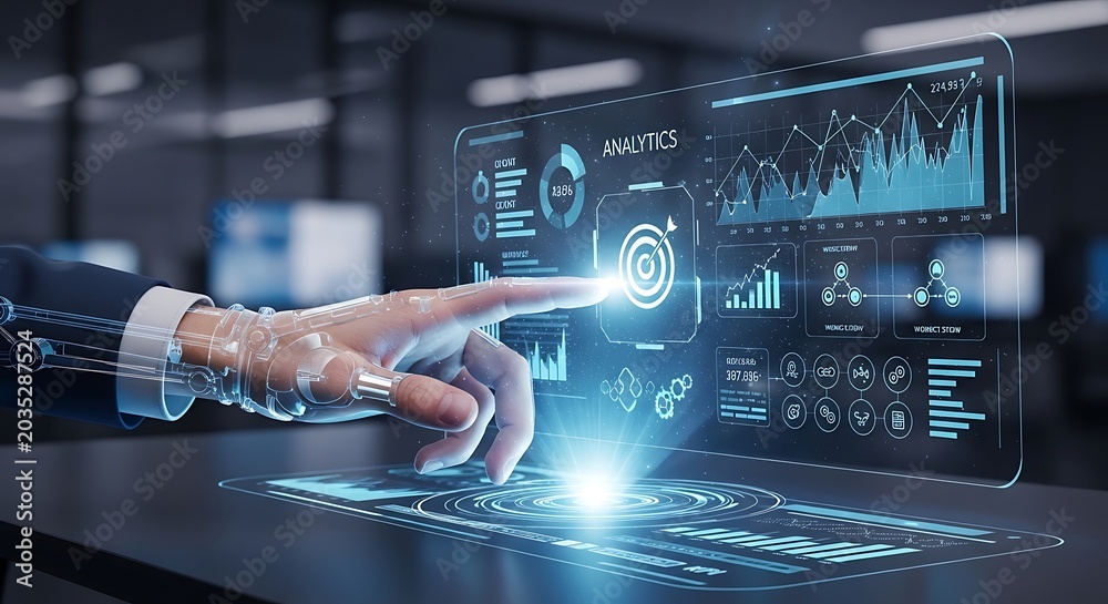 Fototapeta premium Hand interacting with digital AI technology interface in futuristic workspace