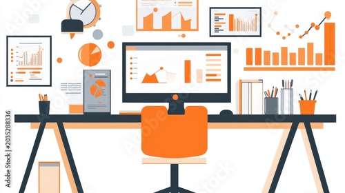 Digital workspace displays financial data charts and analytical graphics in a modern office setup.