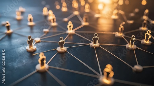 Glowing human silhouette icons are connected by lines to represent a digital social network.