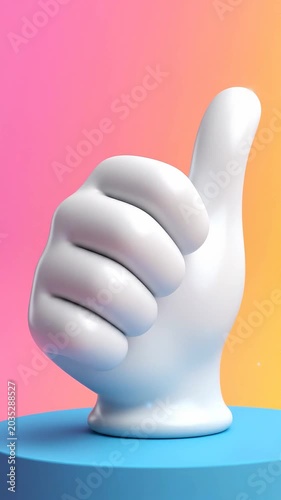White hand sculpture transitions from a clenched fist to a thumbs up gesture, showcasing a smooth visual progression against a vibrant pink and orange gradient background