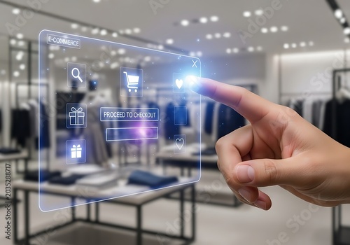 Hand selecting futuristic digital shopping interface in modern retail store with holographic technology