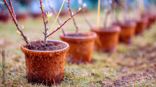Rows of small saplings are planted in terracotta pots outdoors.