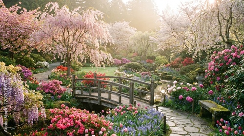 Blooming cherry blossom trees lining a sunlit garden pathway in spring with vibrant flowers