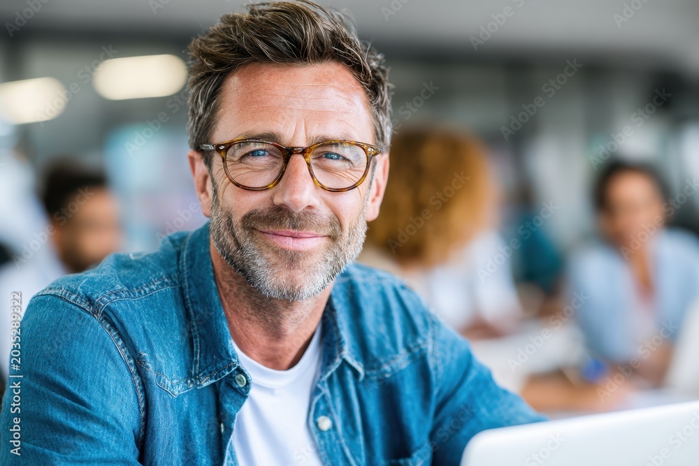 Fototapeta premium Portrait of a handsome smiling businessman working on a laptop in a modern office