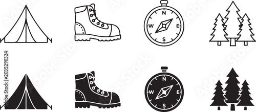 Cuadro en lienzo Camping, hiking icons set, outdoor adventure symbols, trekking signs isolated PN