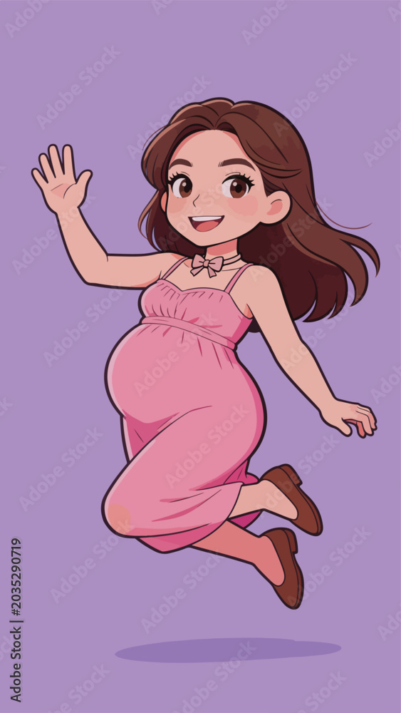 Obraz premium Cheerful Pregnant Woman Waving in Pink Dress
