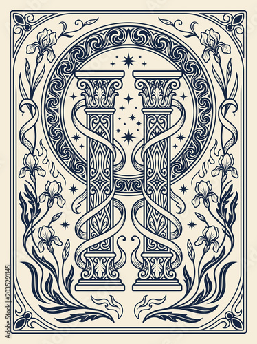 Gemini twin pillars in Art Nouveau zodiac illustration