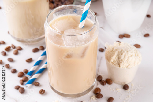 Iced protein coffee, whey isolate latte drink with whey protein powder