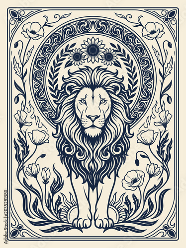 Leo lion in Art Nouveau zodiac illustration