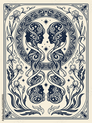 Gemini twin women in Art Nouveau zodiac illustration