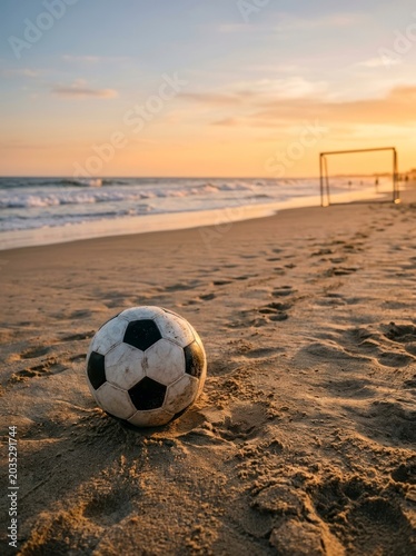 Soccer ball on beach at sunset, goal in distance.