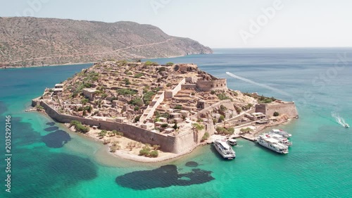 Aerial wide angle view of historic Spinalonga fortress island in Crete
