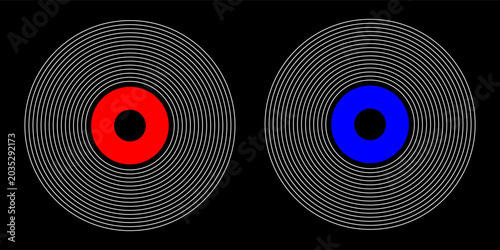 Konstfotografi Abstract minimalist background featuring two symmetrical circular patterns composed of thin white concentric rings on a solid black field
